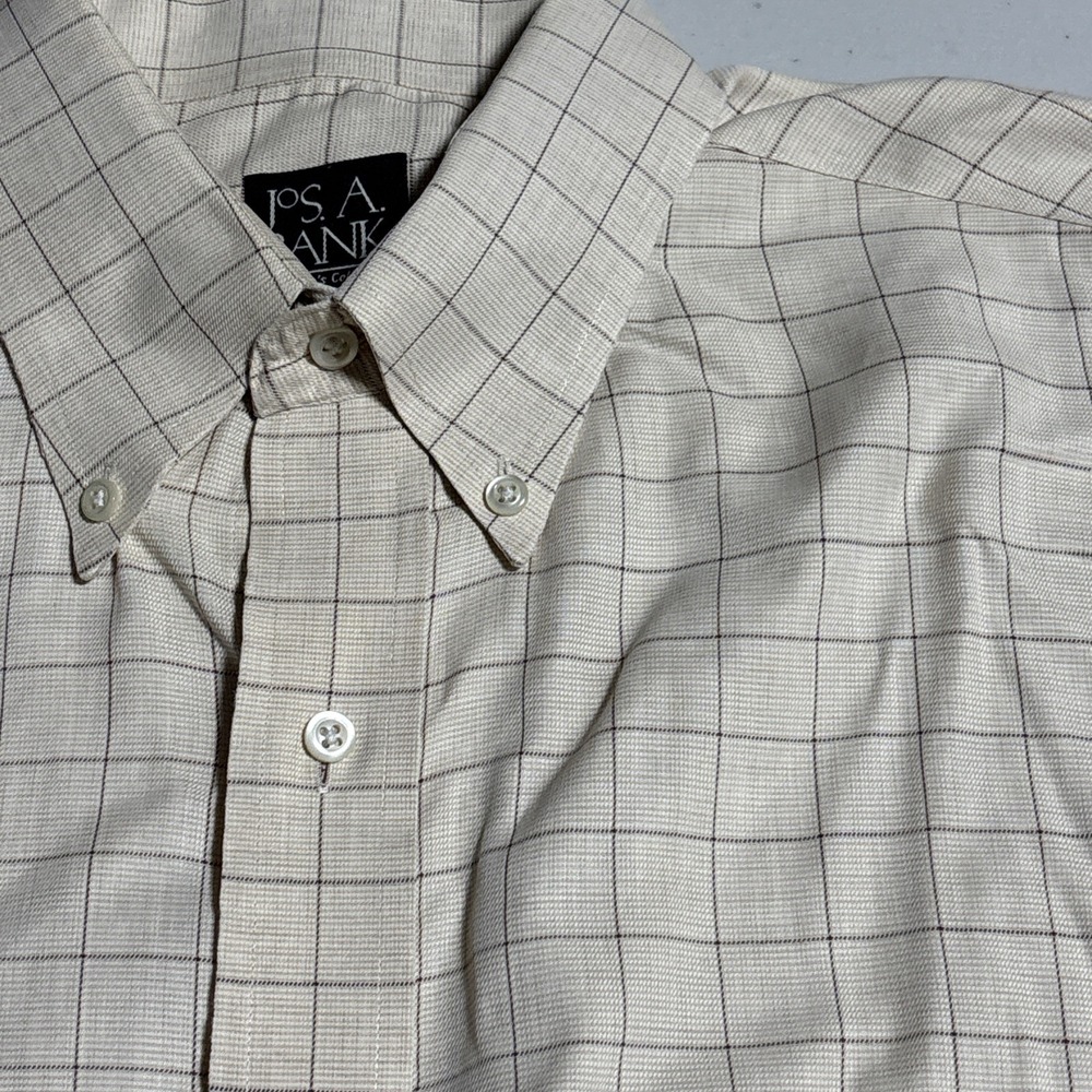 Jos A Bank Traveler Collection Tan Brown Stripes Button Dress Shirt Sz L